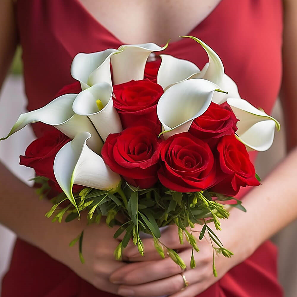 (BDx10) 3 Bridesmaids Bqt Red Roses and White Calla Lilies Centerpieces For Delivery to Faqs.Html, Alabama