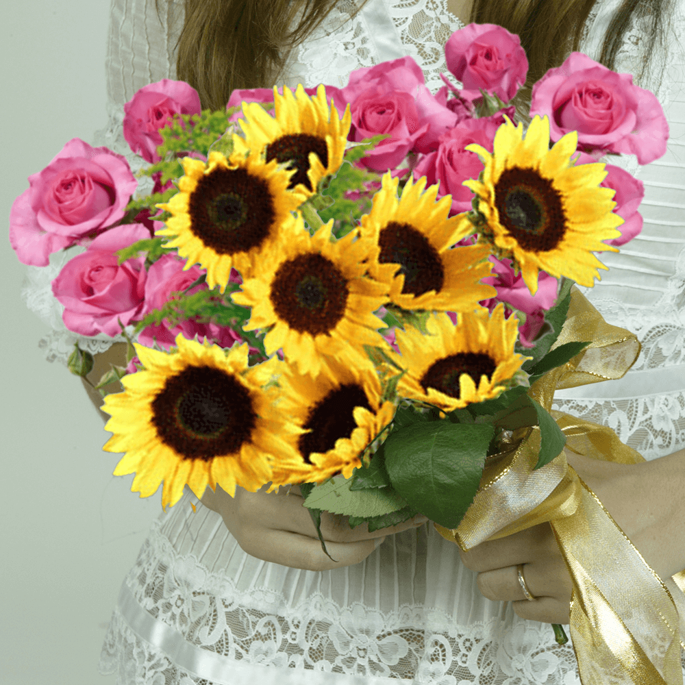 WC D.I.Y. Happily Ever After: 12 Sunflowers Brown Center, 10 Hot Pink Spray Roses, 6 Sol For Delivery to Arnold, Missouri