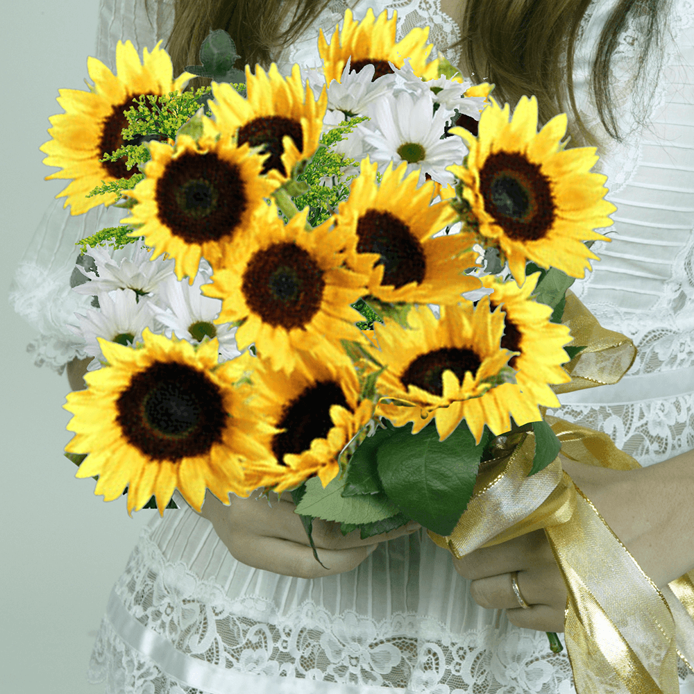 WC D.I.Y. Two Hearts: 12 Sunflowers Brown Center, 6 Solidago, 5 Eucalypthus, 8 White Dai For Delivery to Marshall, Texas
