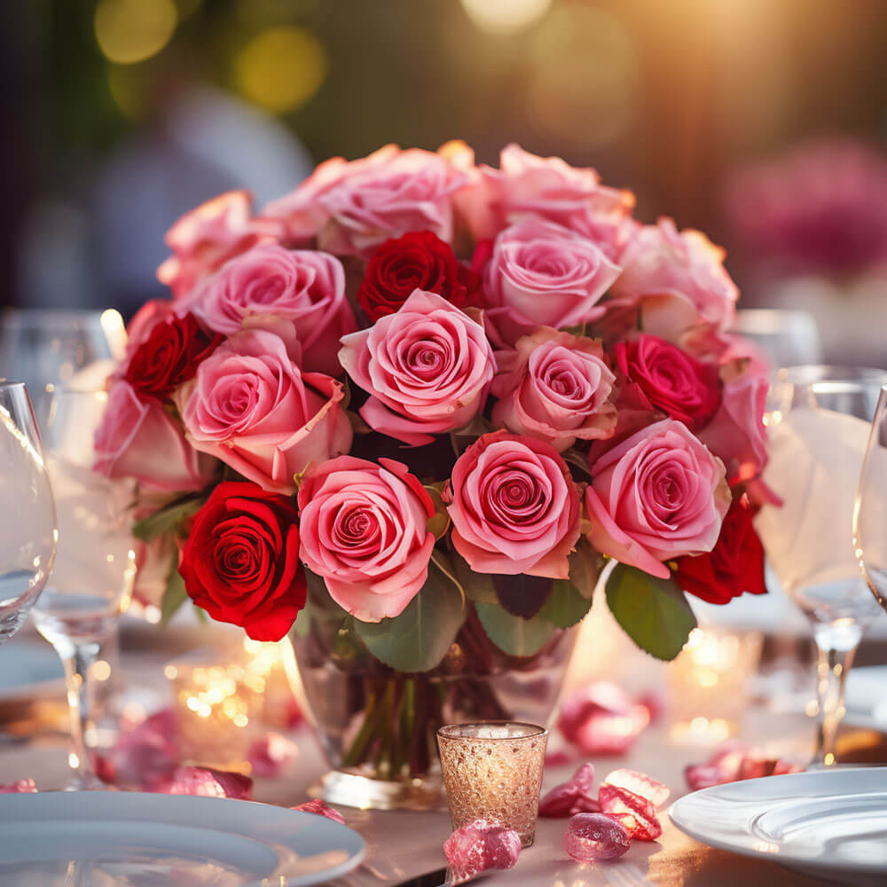 (BDx10) Royal Red and Pink Roses Table Centerpiece For Delivery to Longwood, Florida