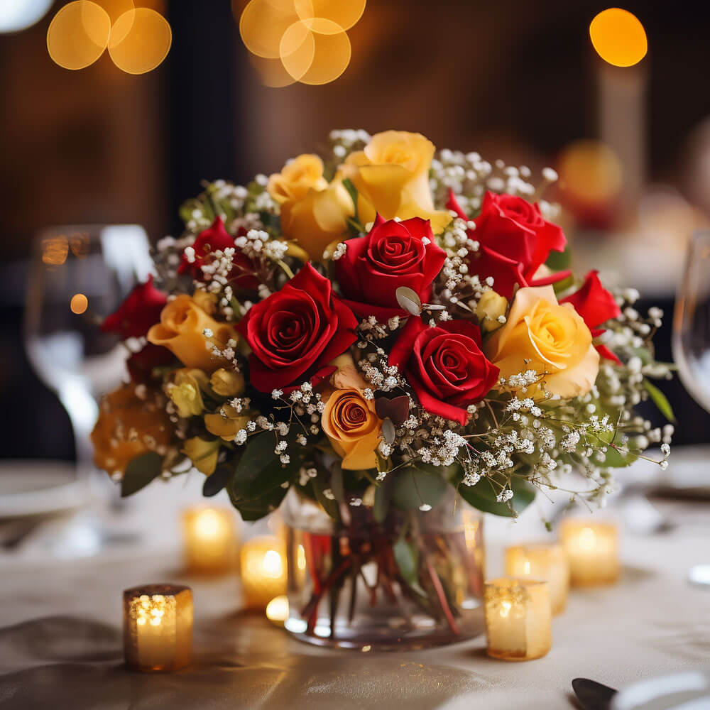 (BDx10) Classic Yellow and Red Roses Table Centerpiece For Delivery to Minnesota