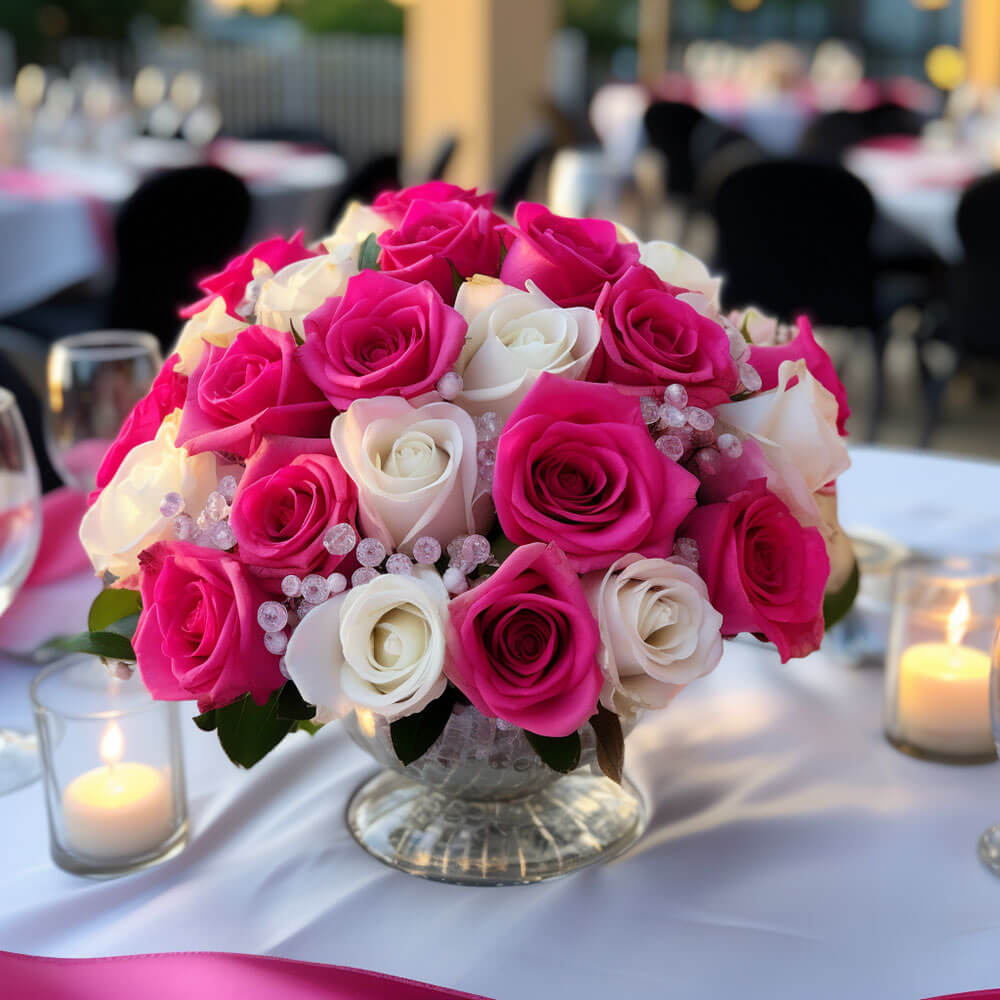 (BDx20)CP Romantic Dark Pink and White Roses 6 Centerpieces For Delivery to Valparaiso, Indiana