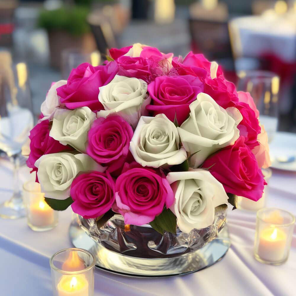 (BDx20) CP Royal Dark Pink and White Roses 6 Centerpieces For Delivery to Texas