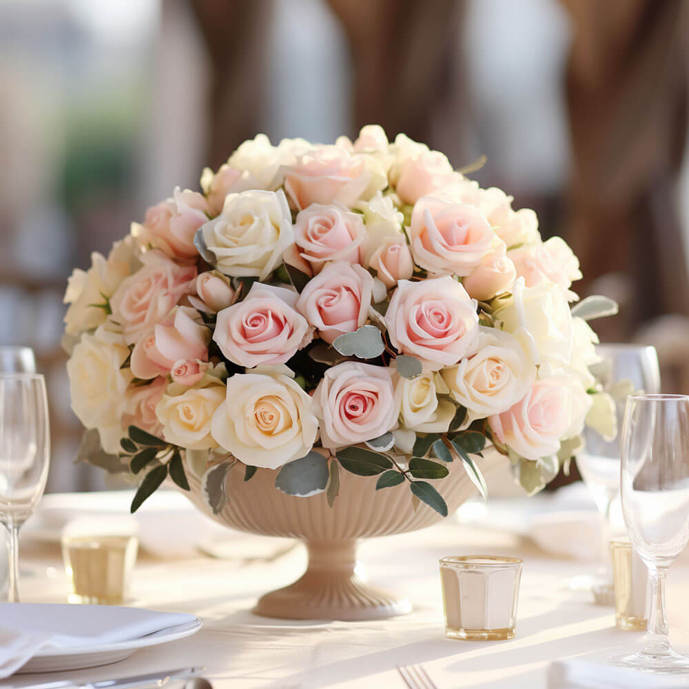(2BDx20) CP Romantic Light Pink and Ivory Roses 12 Centerpieces For Delivery to Louisiana