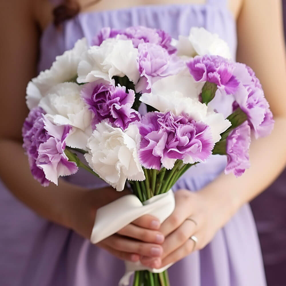Bridesmaid Bqt Purple And White Carnations Qty For Delivery to Boerne, Texas