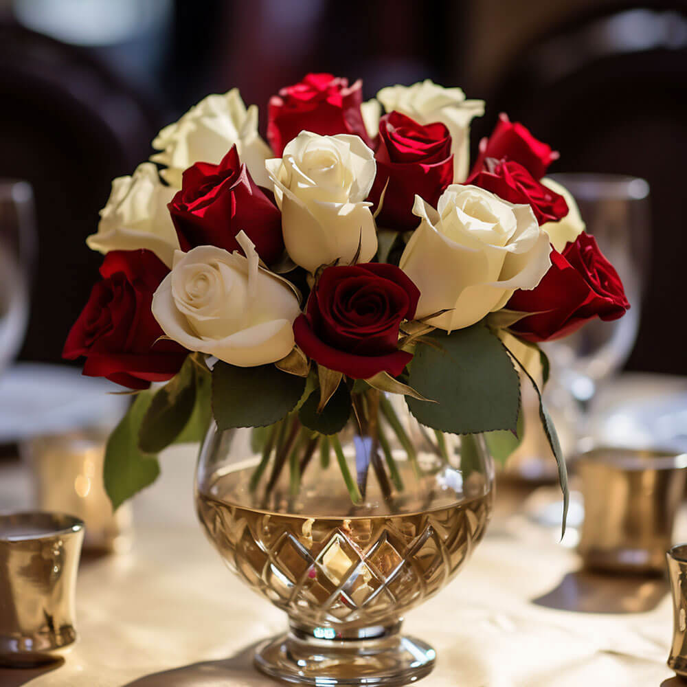 (2BDx20) CP Royal Red and Ivory Roses 12 Centerpieces For Delivery to Texas