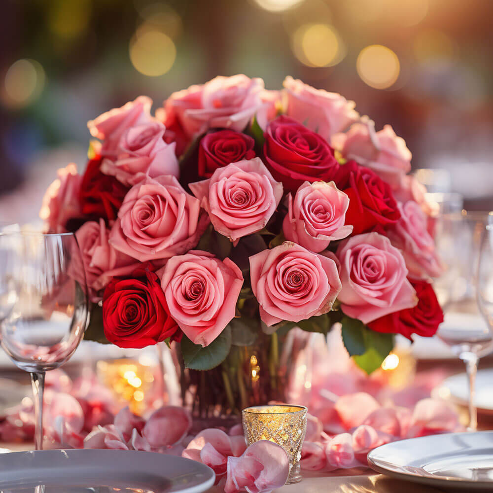 (2BDx20) CP Royal Red and Pink Roses 12 Centerpieces For Delivery to Maryland