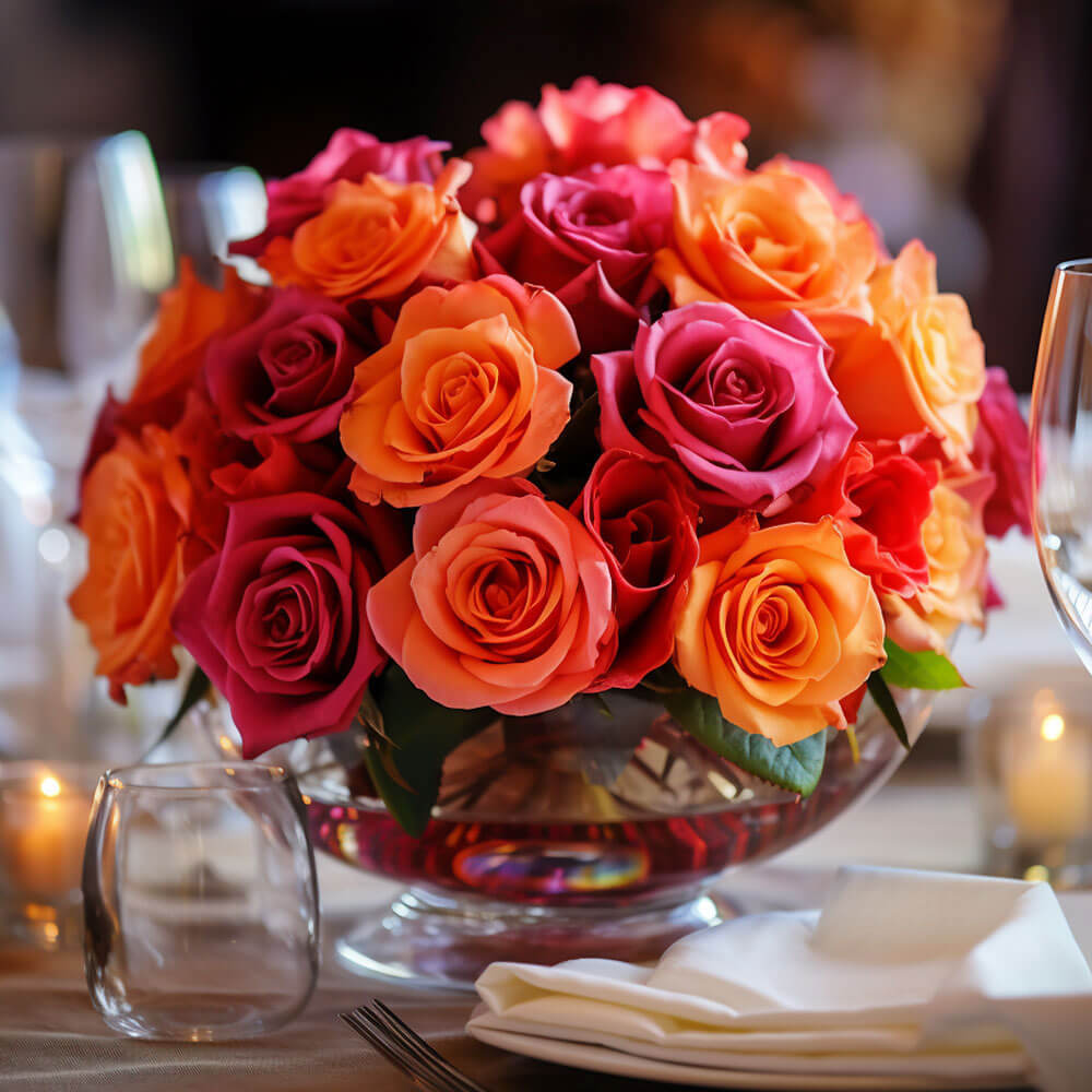 (2BDx20) CP Royal Dark Pink and Orange Roses 12 Centerpieces For Delivery to Foxboro, Massachusetts