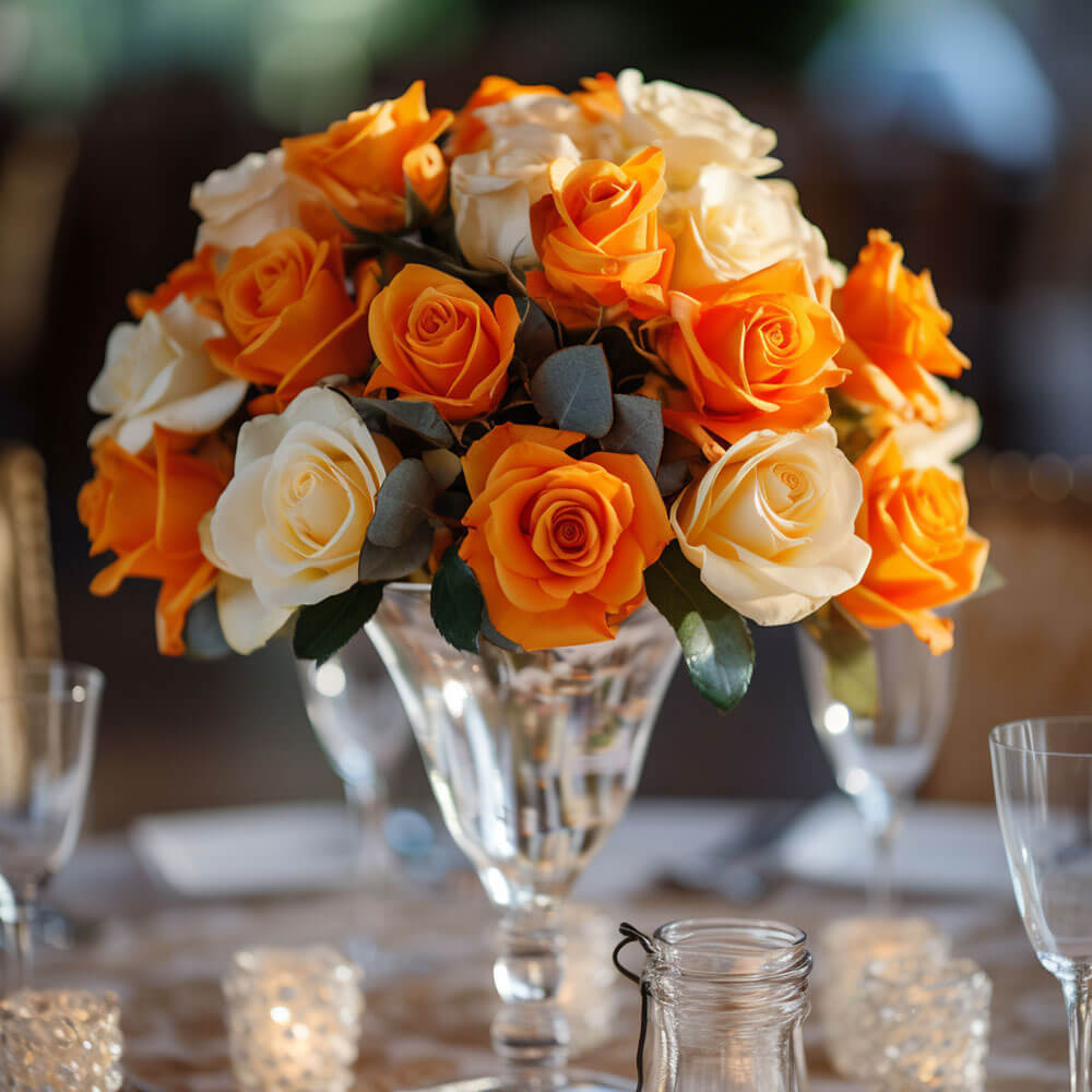 (2BDx20) CP Royal Orange and Ivory Roses 12 Centerpieces For Delivery to Novi, Michigan