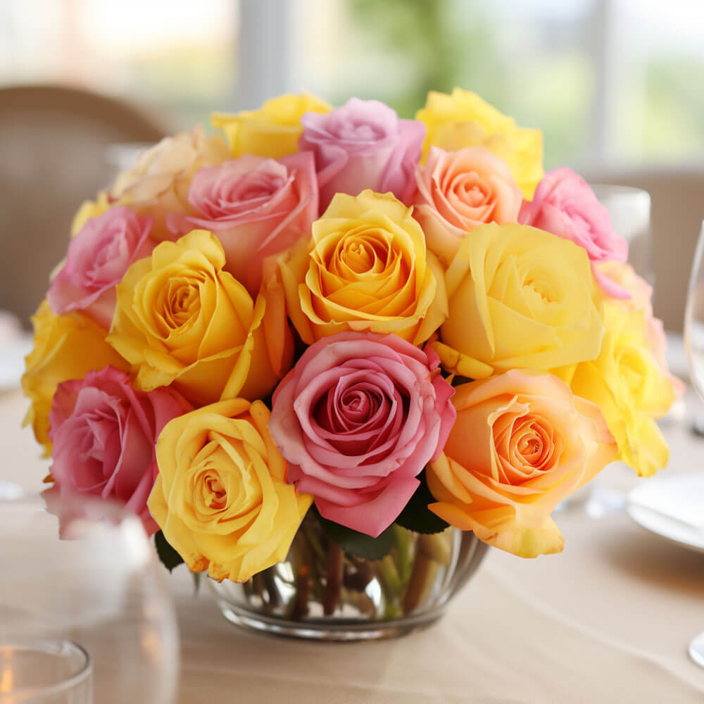(BDx20) CP Romantic Yellow and Pink Roses 6 Centerpieces For Delivery to Santa_Fe, New_Mexico