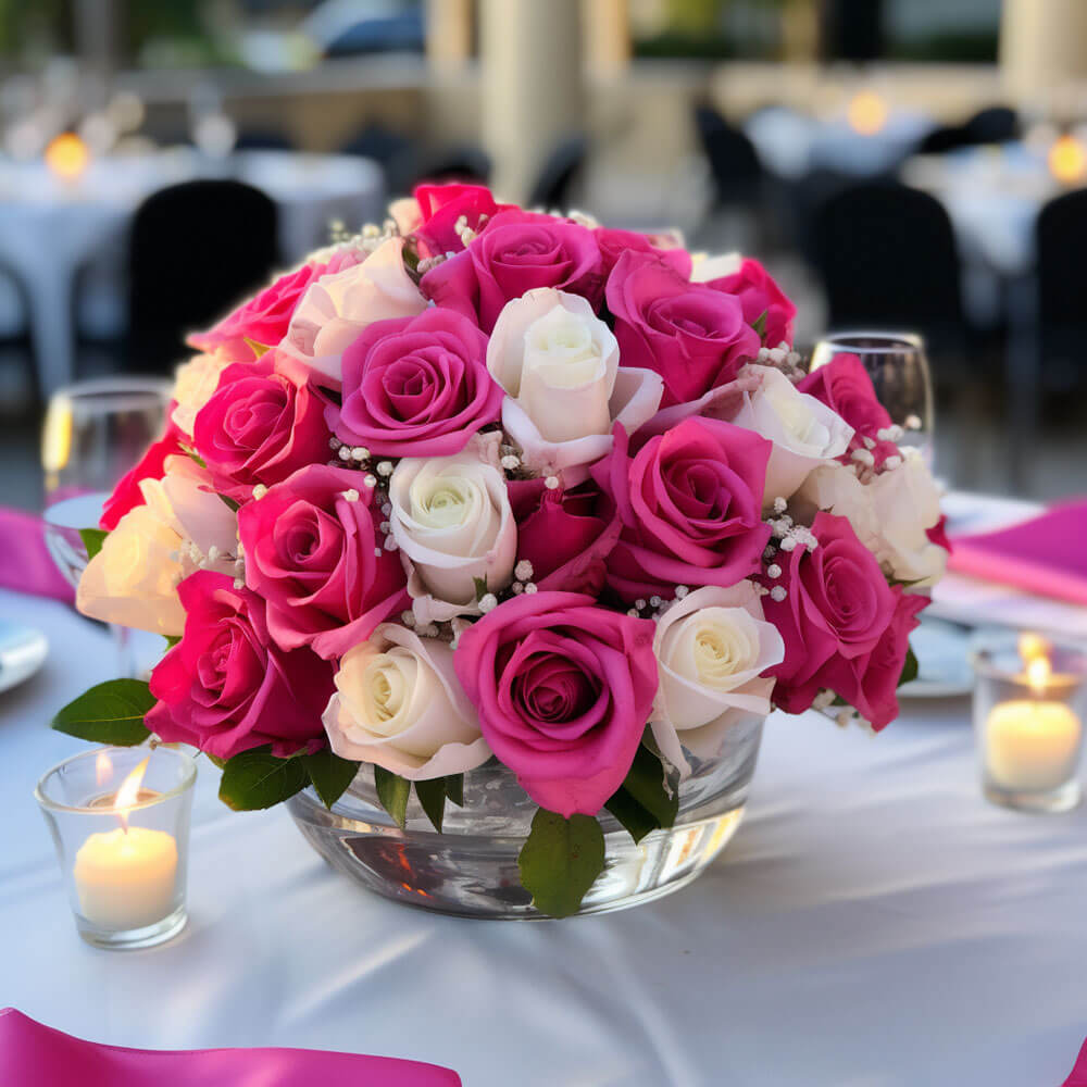 (BDx10) Romantic Dark Pink and White Roses Table Centerpiece For Delivery to Illinois