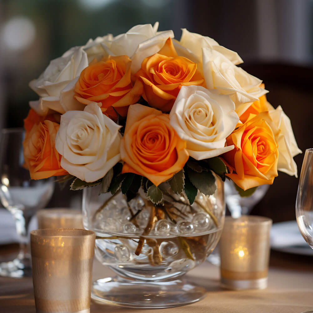 (BDx20) CP Royal Orange and White Roses 6 Centerpieces For Delivery to Sanford, North_Carolina