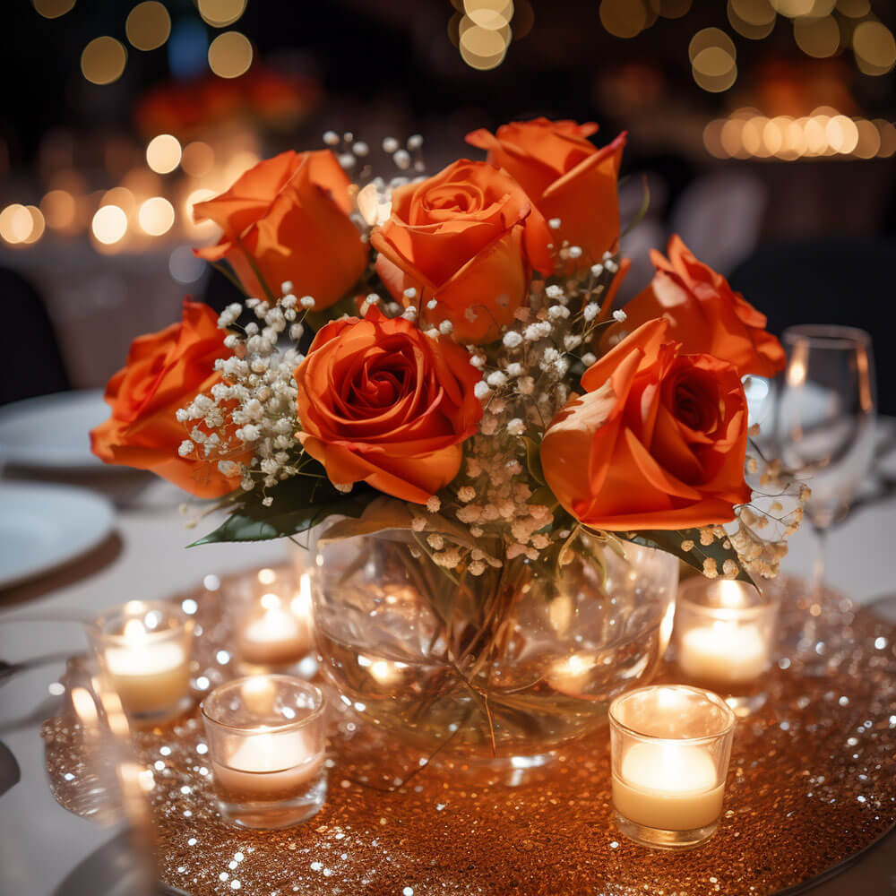 (2BDx20) CP Classic Orange Roses 12 Centerpieces For Delivery to Arkansas