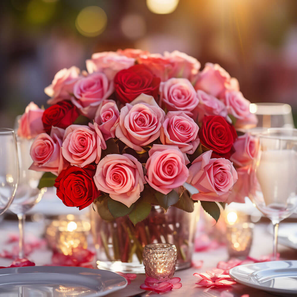 (BDx20) CP Royal Red and Pink Roses 6 Centerpieces For Delivery to Bristol, Tennessee
