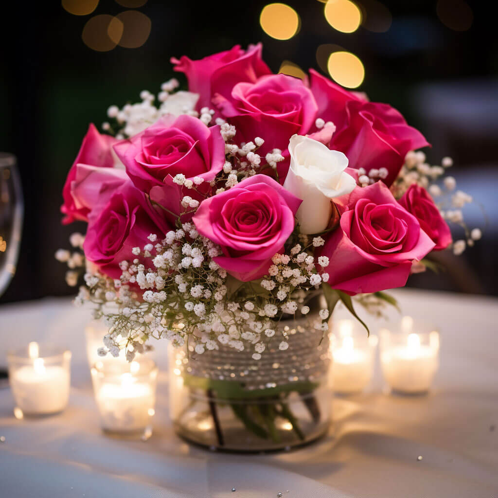 (BDx20)CP Classic White and Dark Pink Roses 6 Centerpieces For Delivery to Carlsbad, California