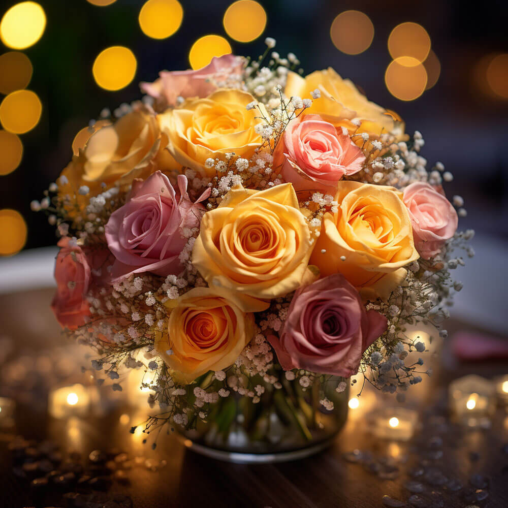 (BDx10) Classic Yellow and Pink Roses Table Centerpiece For Delivery to Medford, Massachusetts