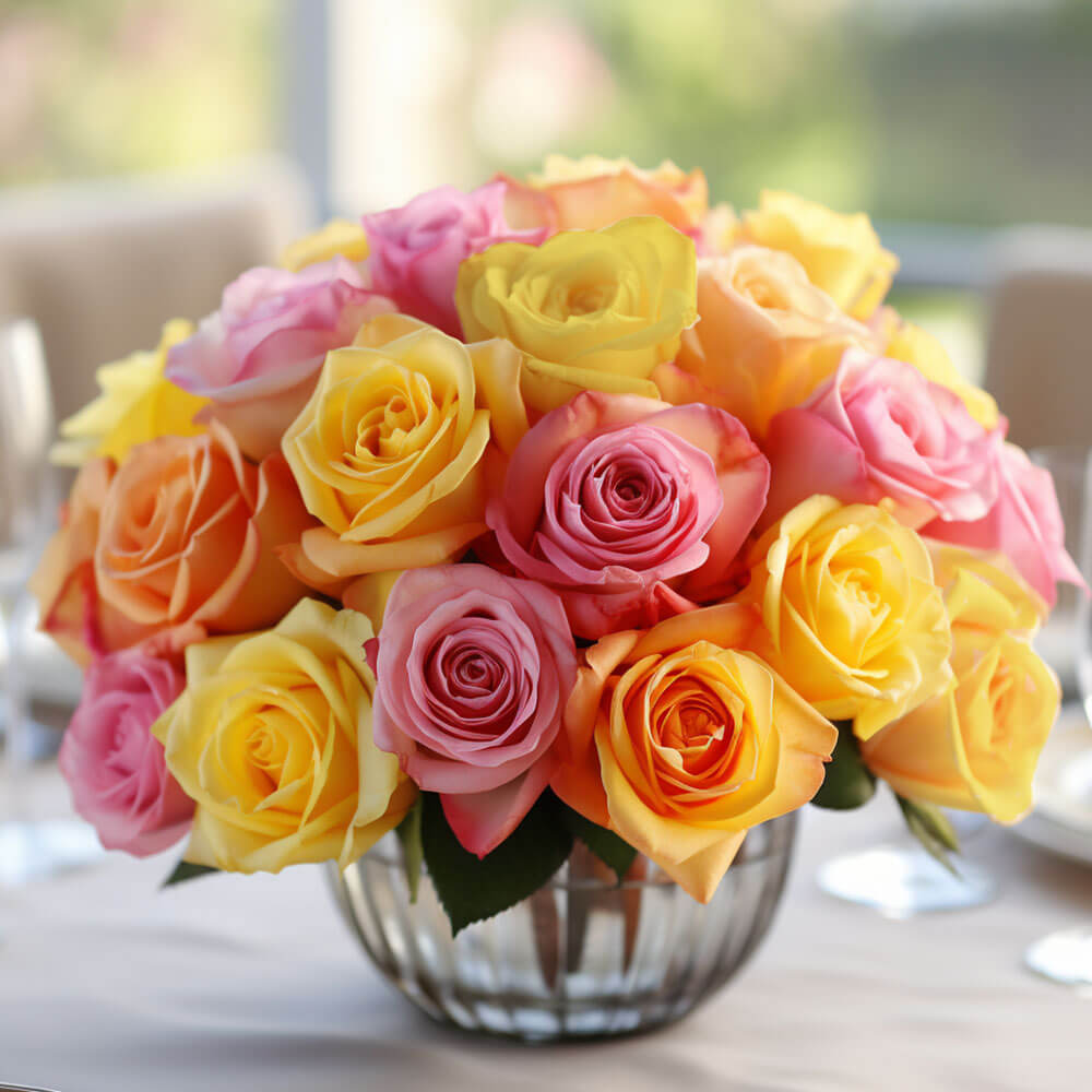 (2BDx20) CP Romantic Yellow and Pink Roses 12 Centerpieces For Delivery to Lancaster, California