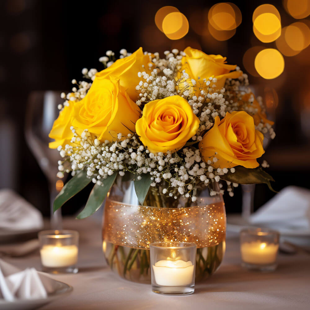 (BDx10) Classic Yellow Roses Table Centerpiece For Delivery to Local.Globalrose.Com