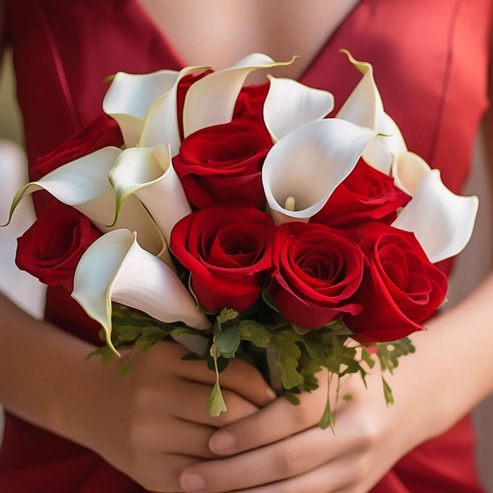 Bridesmaid Bqt Red Roses White Callas Qty For Delivery to Pasadena, California