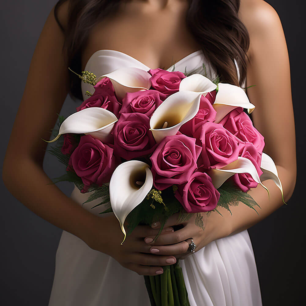 Bridesmaid Bqt Dpink Roses White Callas Qty For Delivery to Westfield, Massachusetts