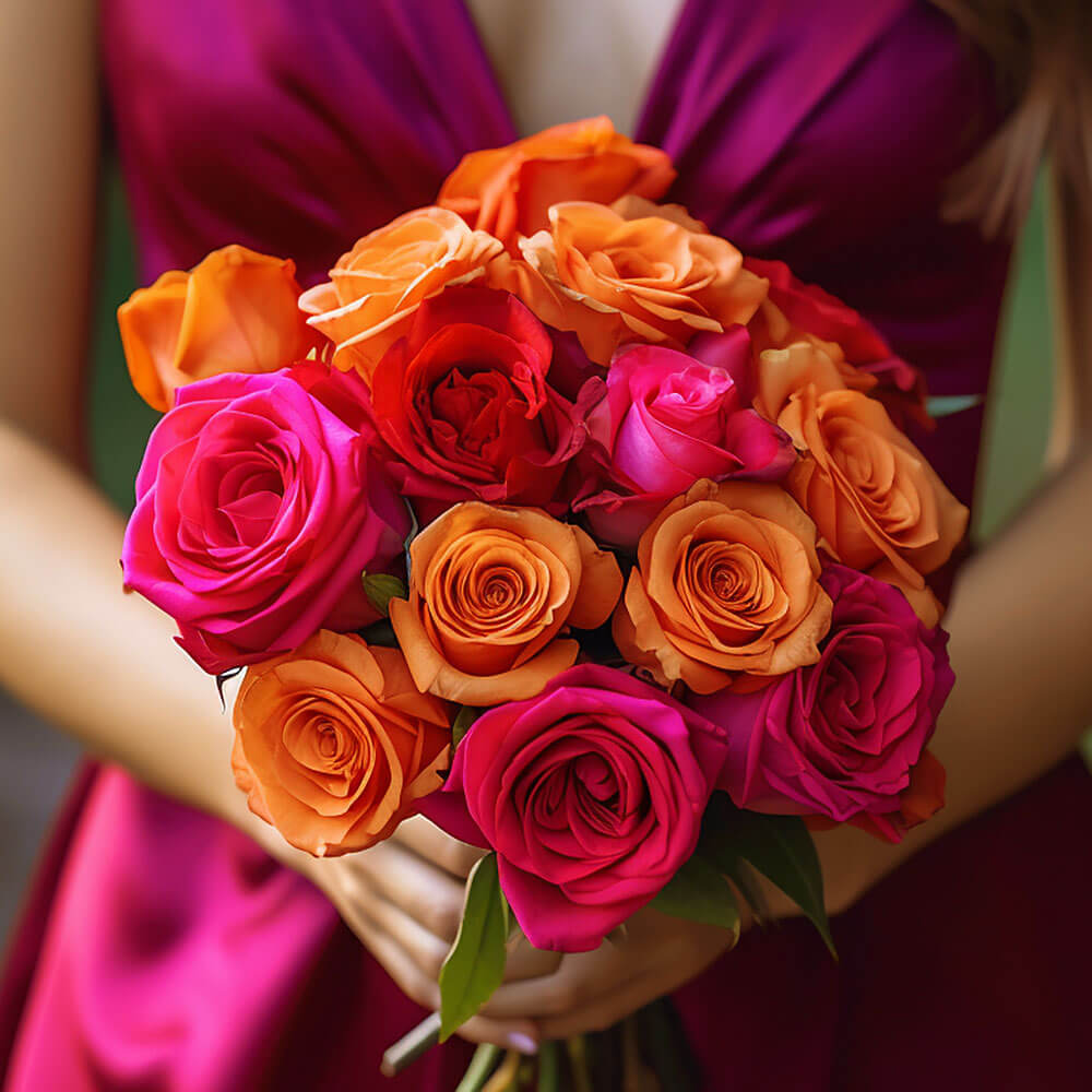 Bridesmaid Bqt Romantic Dark Pink Orange Roses Qty For Delivery to Milwaukee, Wisconsin