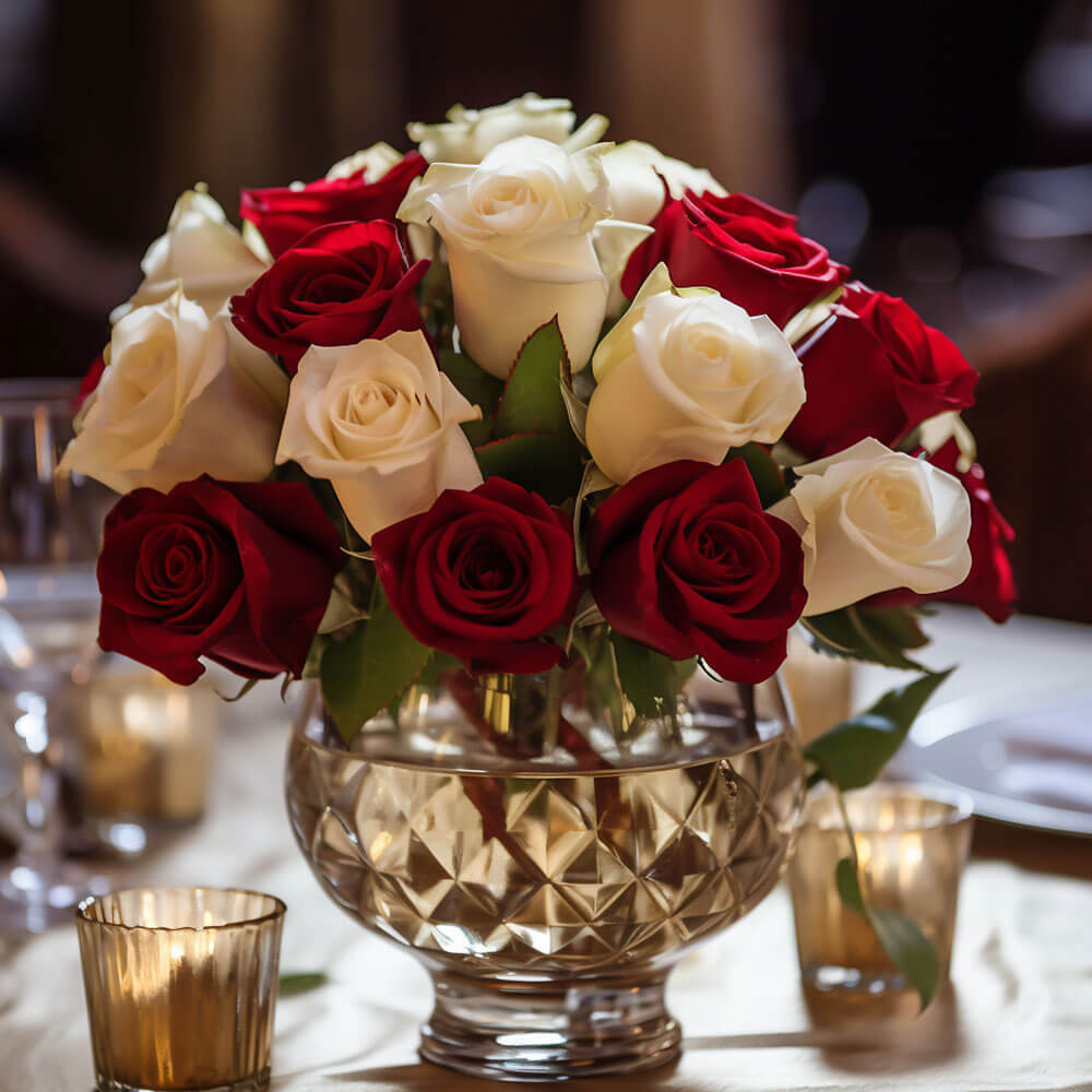 (BDx20) CP Royal Red and Ivory Roses 6 Centerpieces For Delivery to Santa_Maria, California