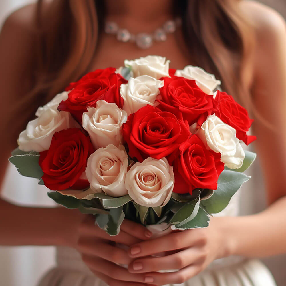 Bridesmaid Bqt Royal Red White Roses Qty For Delivery to Big_Spring, Texas