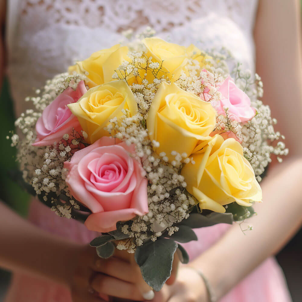 Bridesmaid Bqt Classic Yellow Pink Roses Qty For Delivery to Wisconsin