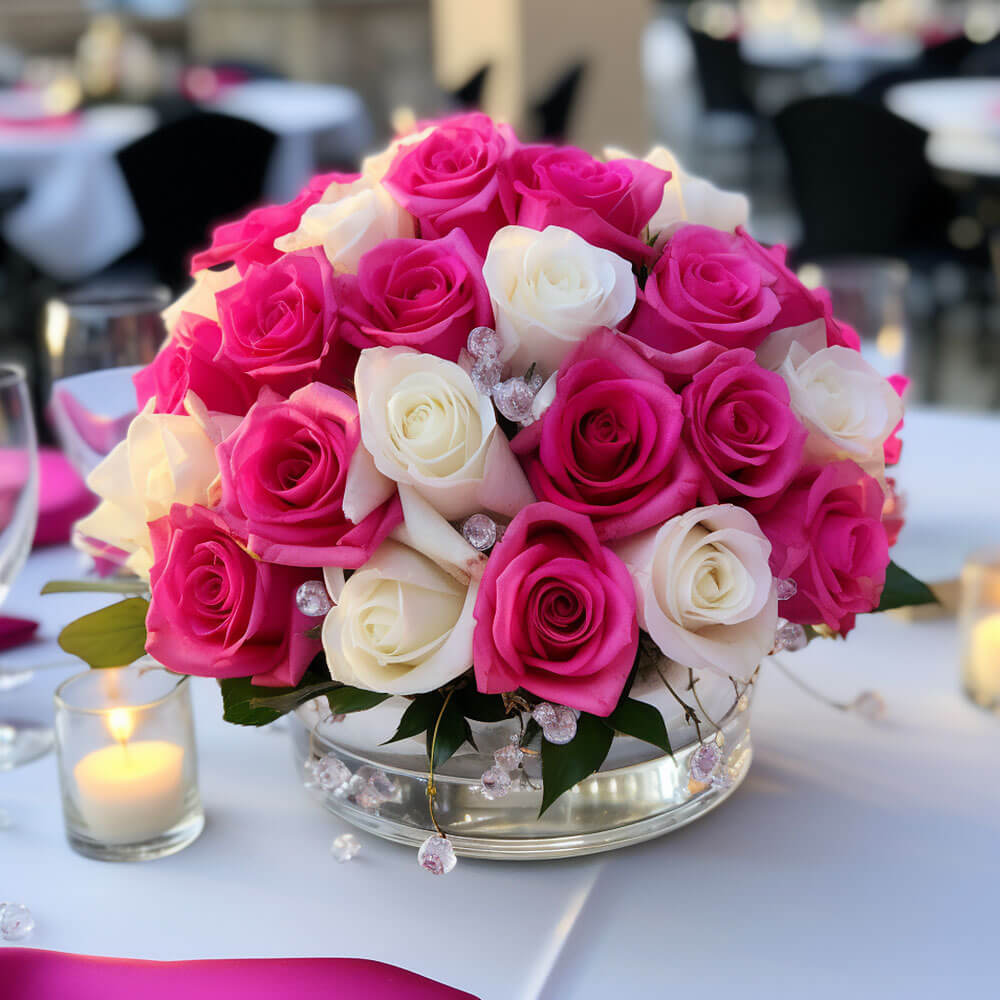 (BDx10) Royal Dark Pink and White Roses Table Centerpiece For Delivery to Massachusetts