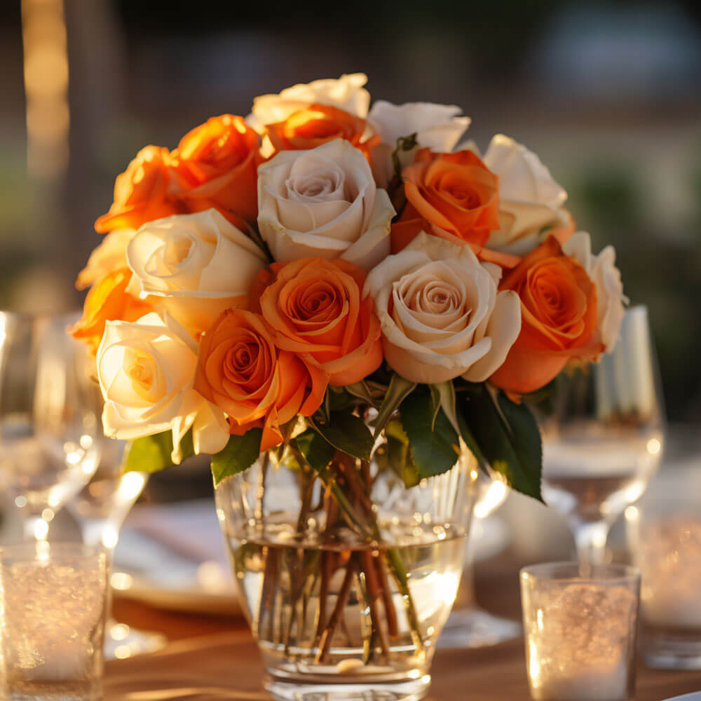 (BDx10) Royal Orange and Ivory Roses Table Centerpiece For Delivery to Wilton, Connecticut