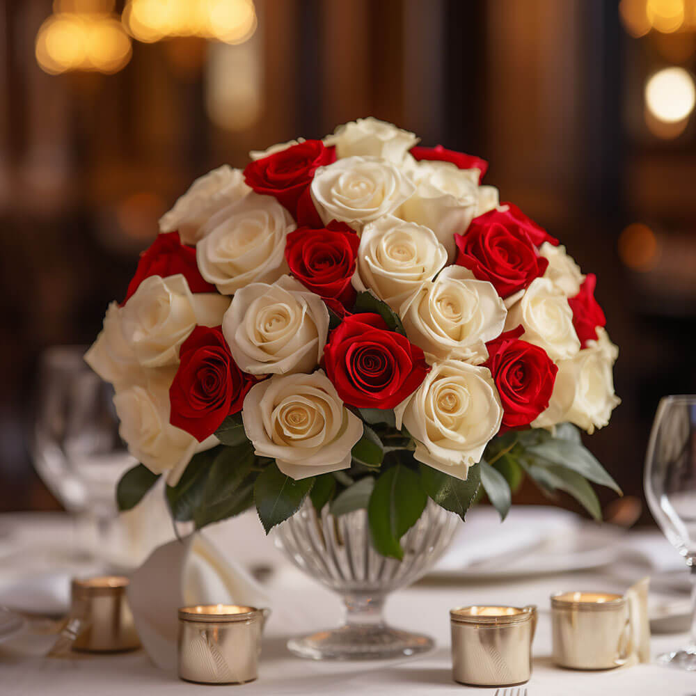 (BDx10) Royal Red and White Roses Table Centerpiece For Delivery to Bakersfield, California