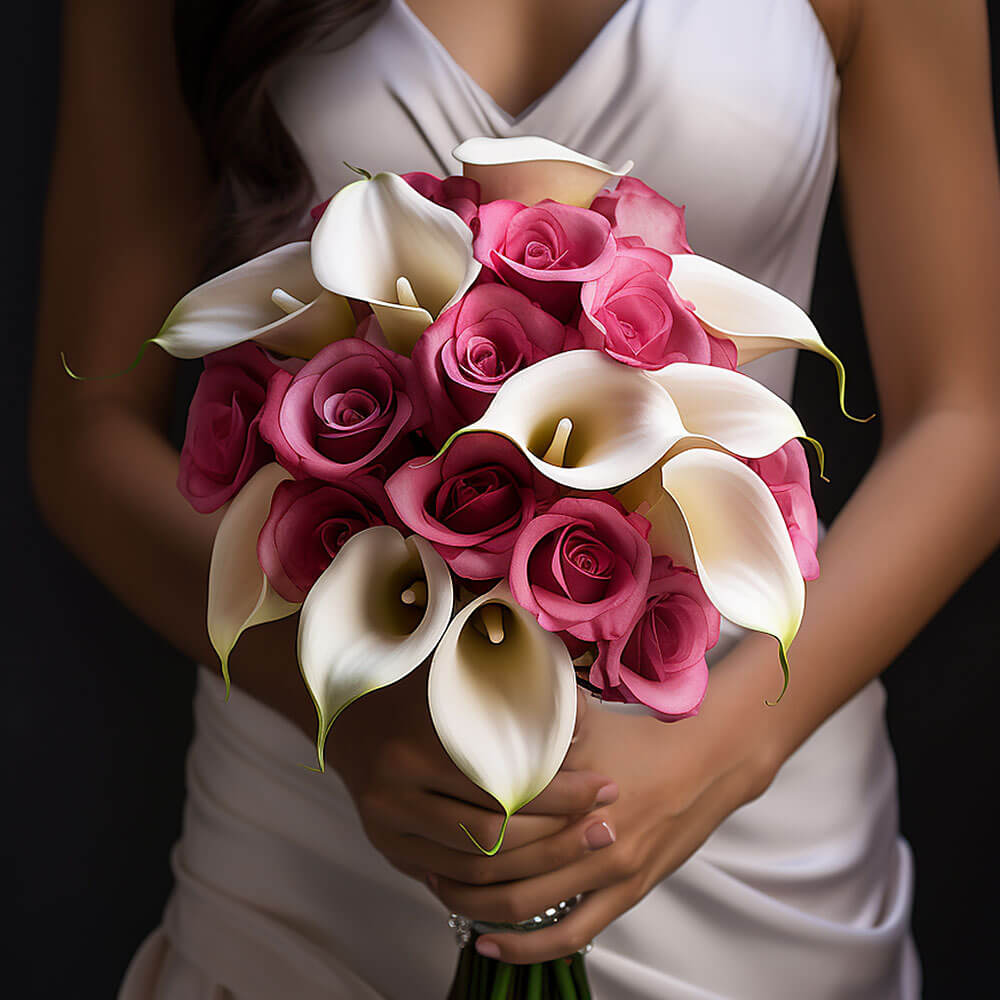 (BDx20) Dark Pink Roses and White Calla Lilies 6 Bridesmaids Bqts For Delivery to Iowa