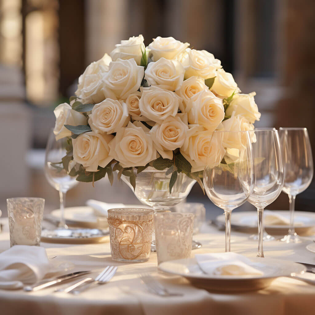 (BDx10) Royal Ivory Roses Table Centerpiece For Delivery to Huntington_Beach, California