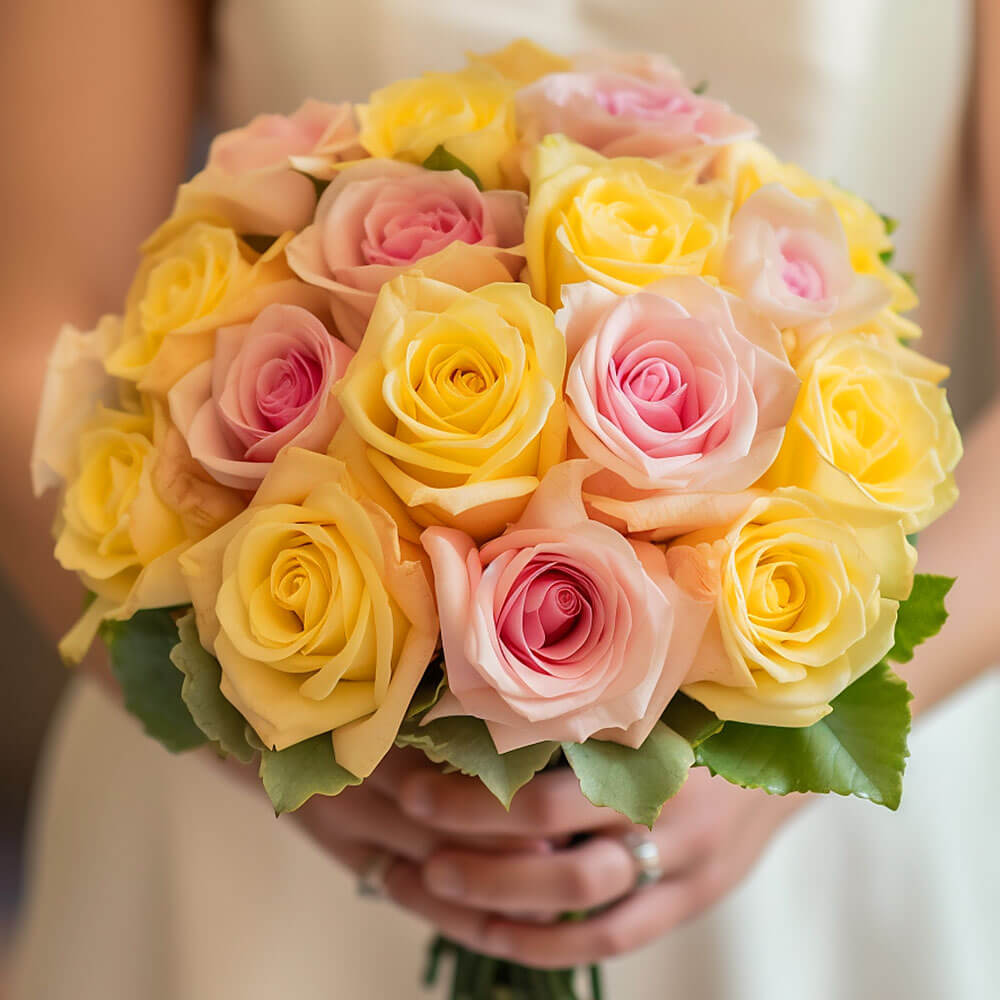 Bridesmaid Bqt Romantic Pink And Yellow Roses Qty For Delivery to Bellevue, Nebraska