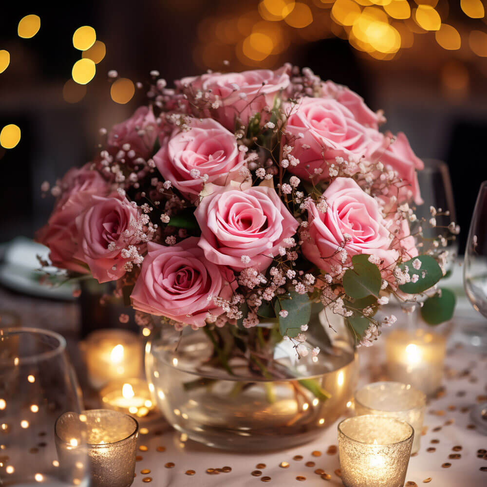 (2BDx20) CP Classic Light Pink Roses 12 Centerpieces With Greens For Delivery to Gadsden, Alabama