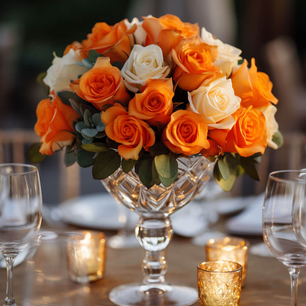 (BDx20) CP Royal Orange and Ivory Roses 6 Centerpieces For Delivery to Carrollton, Texas