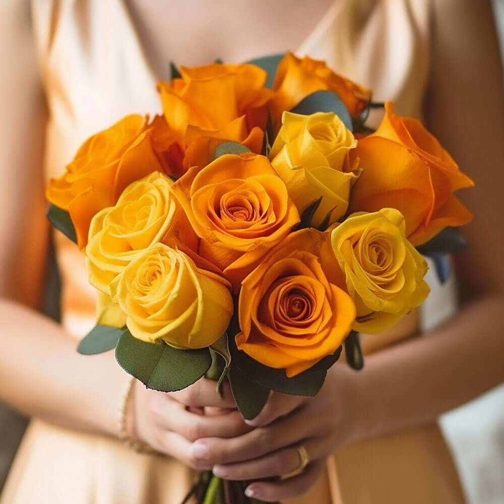 Bridesmaid Bqt Royal Yellow Orange Roses Qty For Delivery to Revere, Massachusetts