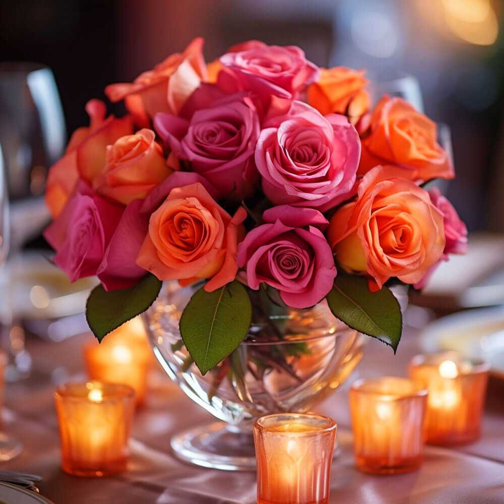 (BDx20) CP Royal Dark Pink and Orange Roses 6 Centerpieces For Delivery to Canon_City, Colorado