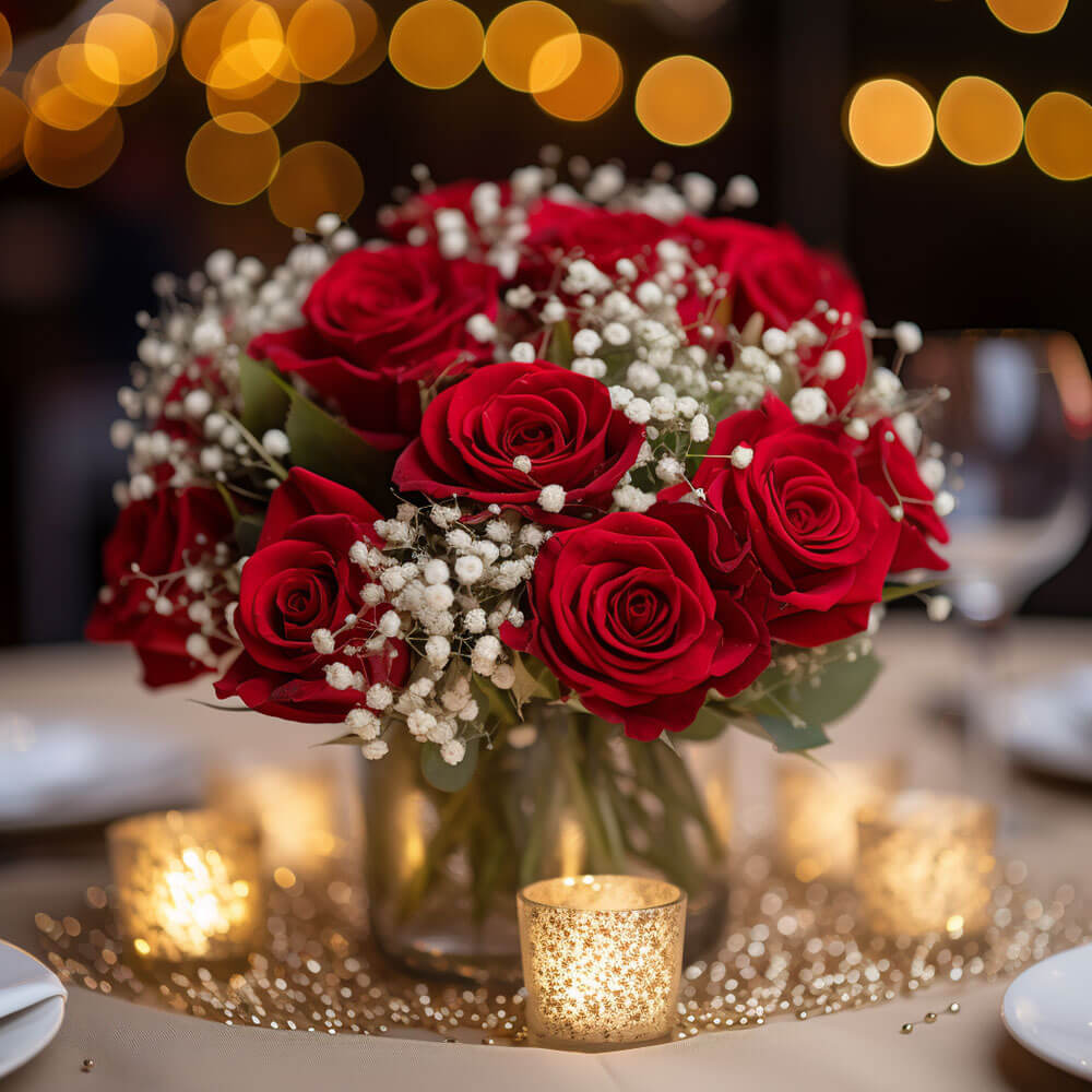 Gorgeous Dark Pink Wedding Rose Centerpieces Globalrose Color Tones For All Dark Pink Roses Baby S Breath Centerpieces May Vary Due To The Computer Monitor And Or Mother Nature