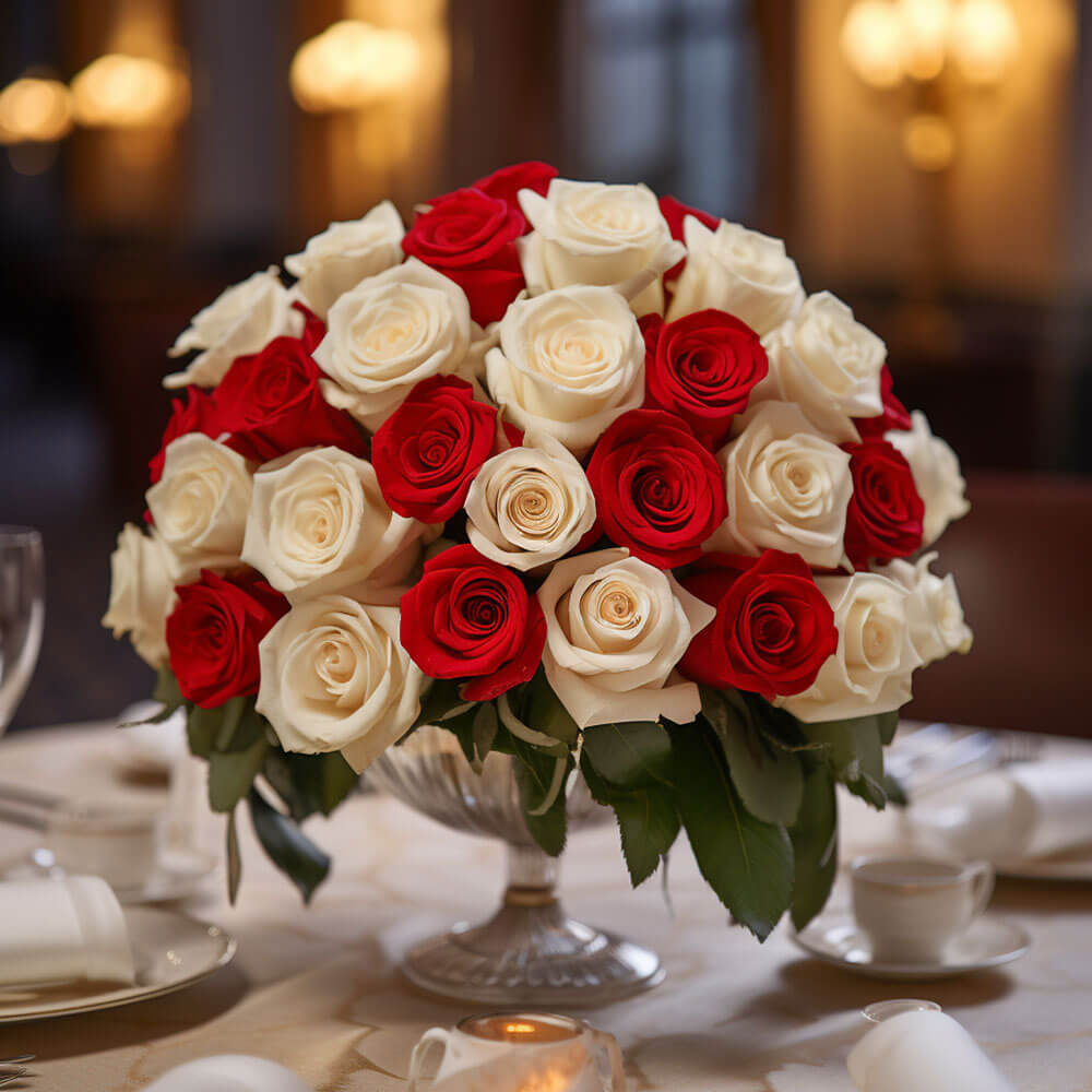 (2BDx20) CP Royal Red and White Roses 12 Centerpieces For Delivery to Placerville, California