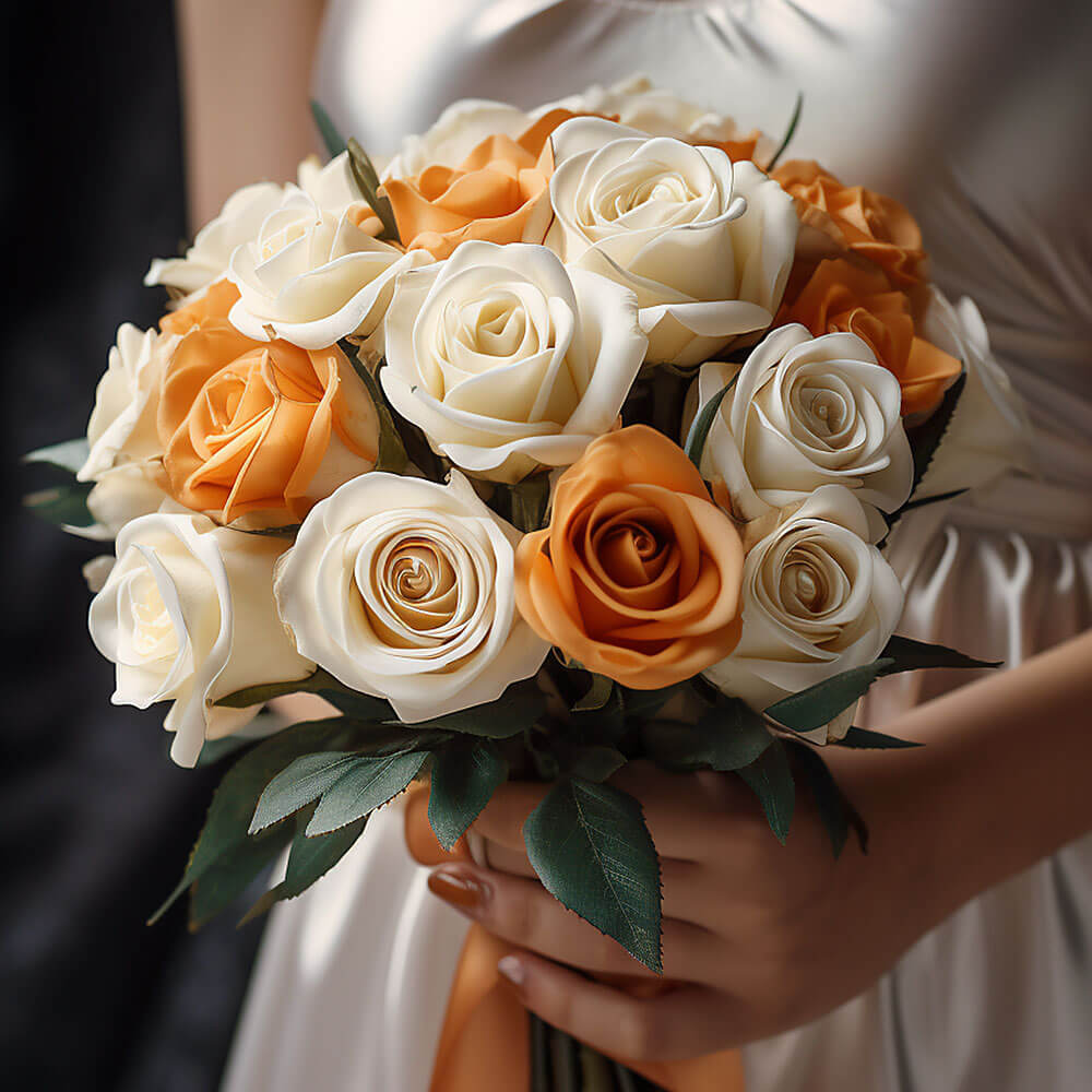 (BDx10) 3 Bridesmaids Bqt Royal Orange and White Roses For Delivery to Sherman, Texas