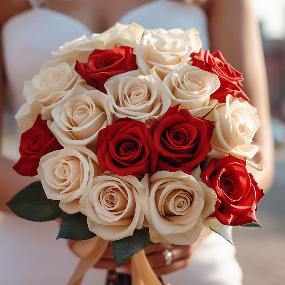 (BDx20) Royal Red and White Roses 6 Bridesmaids Bqts For Delivery to Morristown, New_Jersey