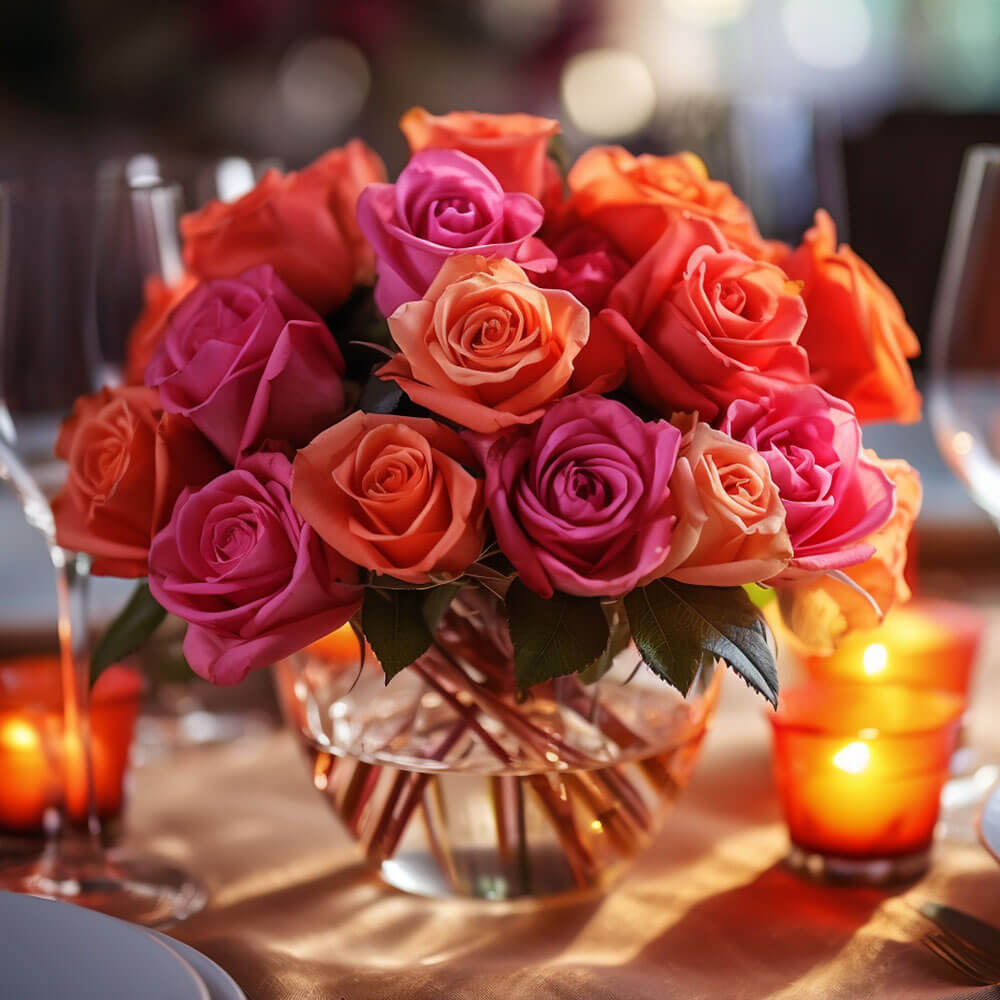 (BDx10) Royal Dark Pink and Orange Roses Table Centerpiece For Delivery to California