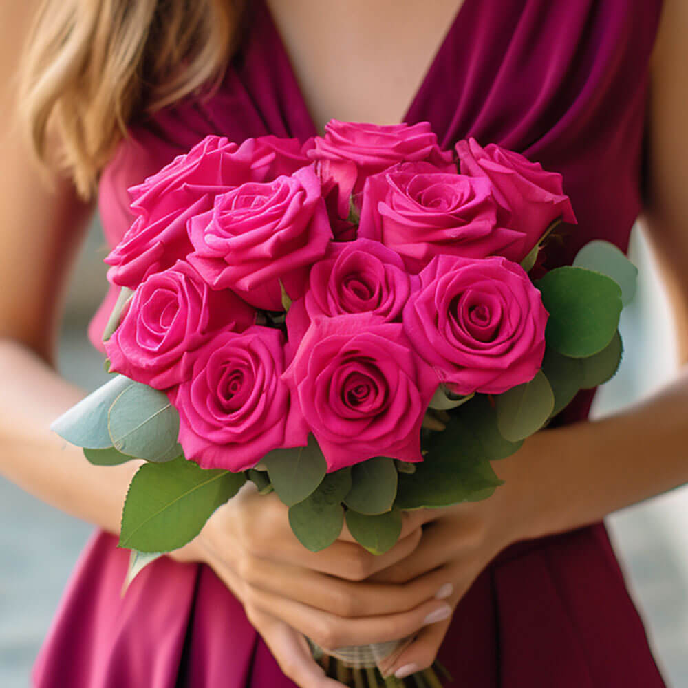 Bridesmaid Bqt Royal Dark Pink Roses Qty For Delivery to Local.Globalrose.Com