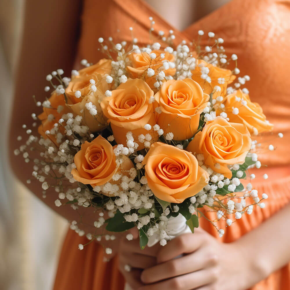 Bridesmaid Bqt Classic Orange Roses Qty For Delivery to Northridge, California