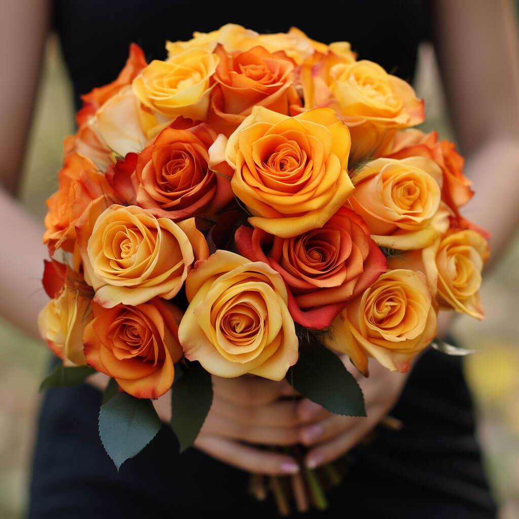 Bridesmaid Bqt Romantic Yellow Orange Roses Qty For Delivery to Aurora, Colorado