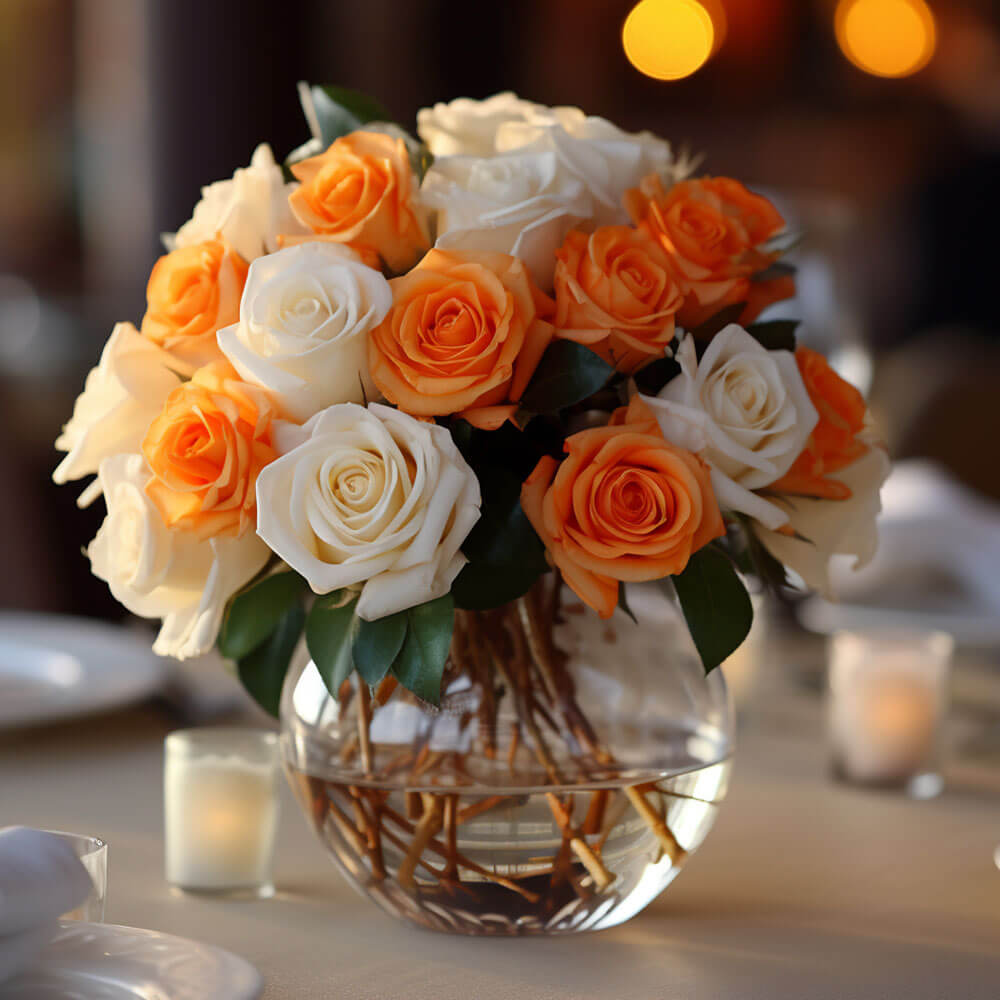 (BDx10) Royal Orange and White Roses Table Centerpiece For Delivery to Martinez, California