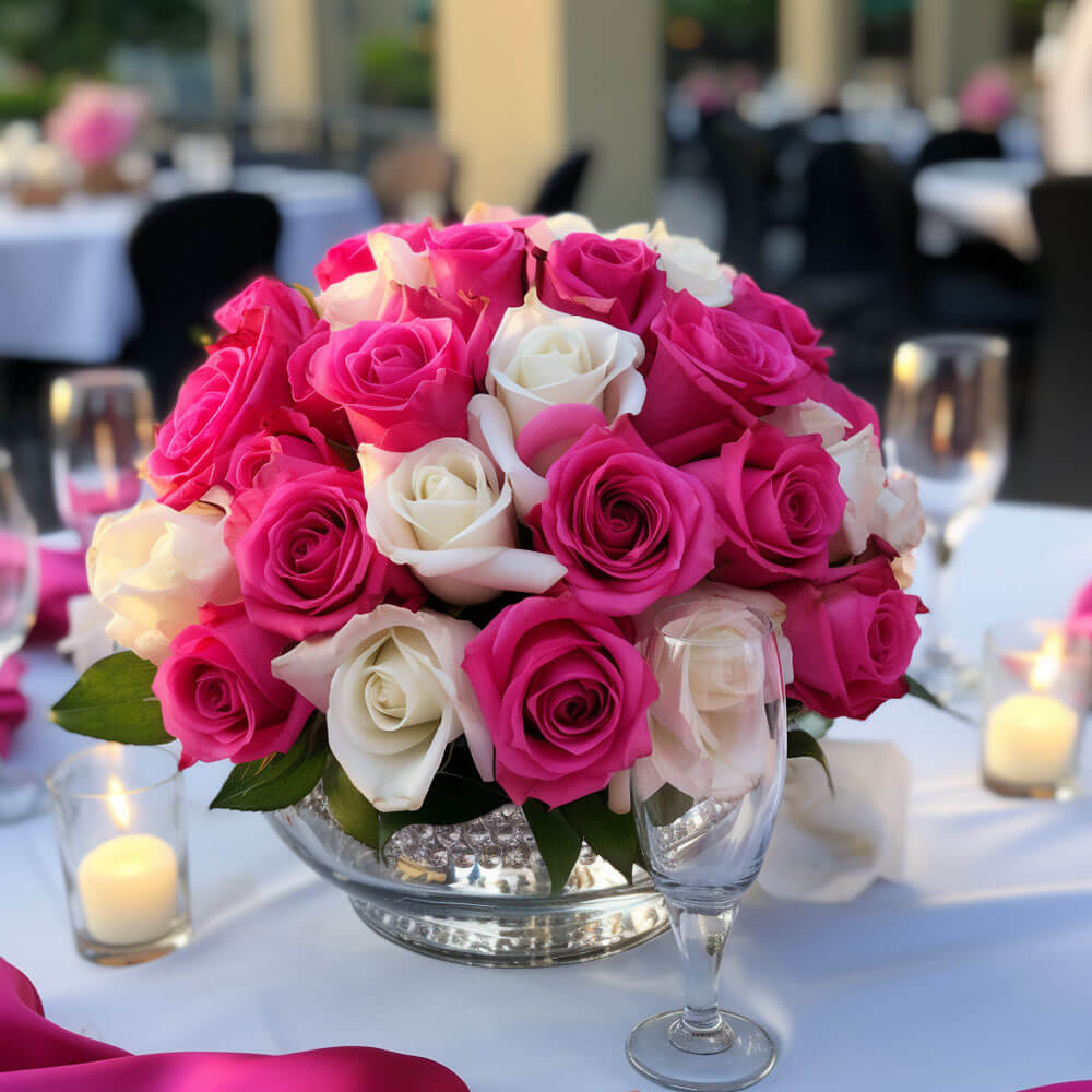 (2BDx20) CP Romantic Dark Pink and White Roses 12 Centerpieces For Delivery to Manchester, Connecticut