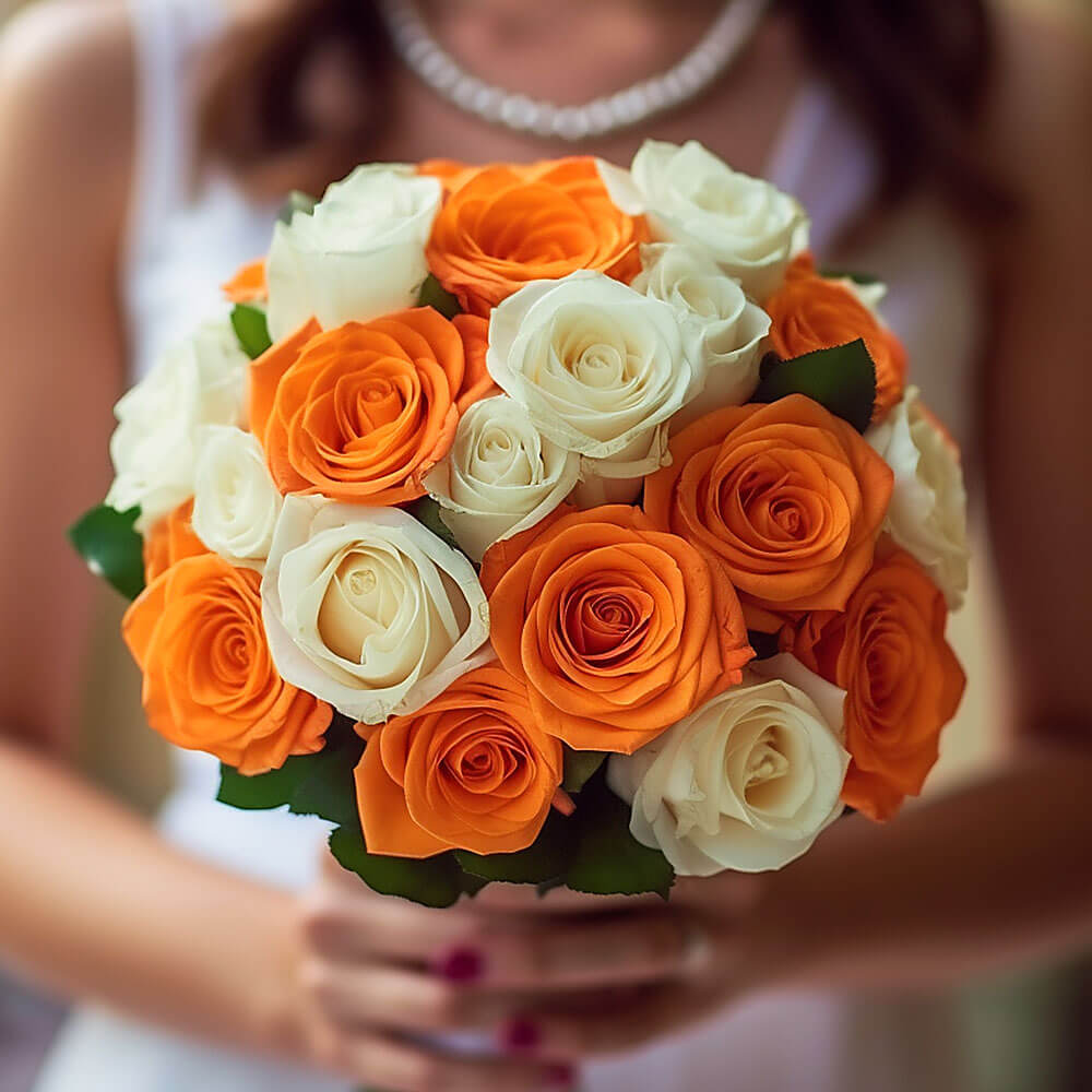Bridesmaid Bqt Royal Orange White Roses Qty For Delivery to Burlington, Vermont