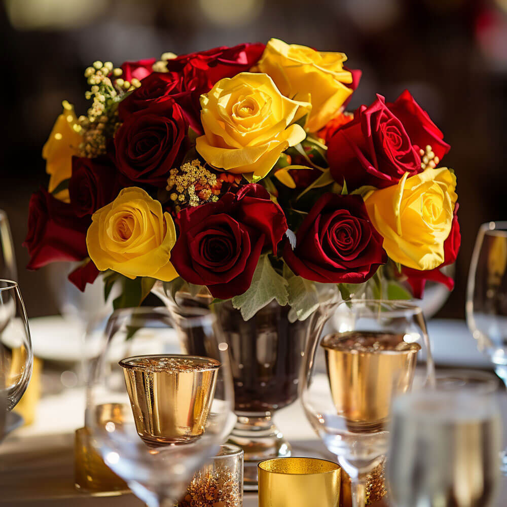 (2BDx20) CP Royal Red and Yellow Roses 12 Centerpieces For Delivery to Local.Globalrose.Com
